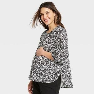 The Nines by HATCH Black Floral Button Down High Low Maternity Blouse
